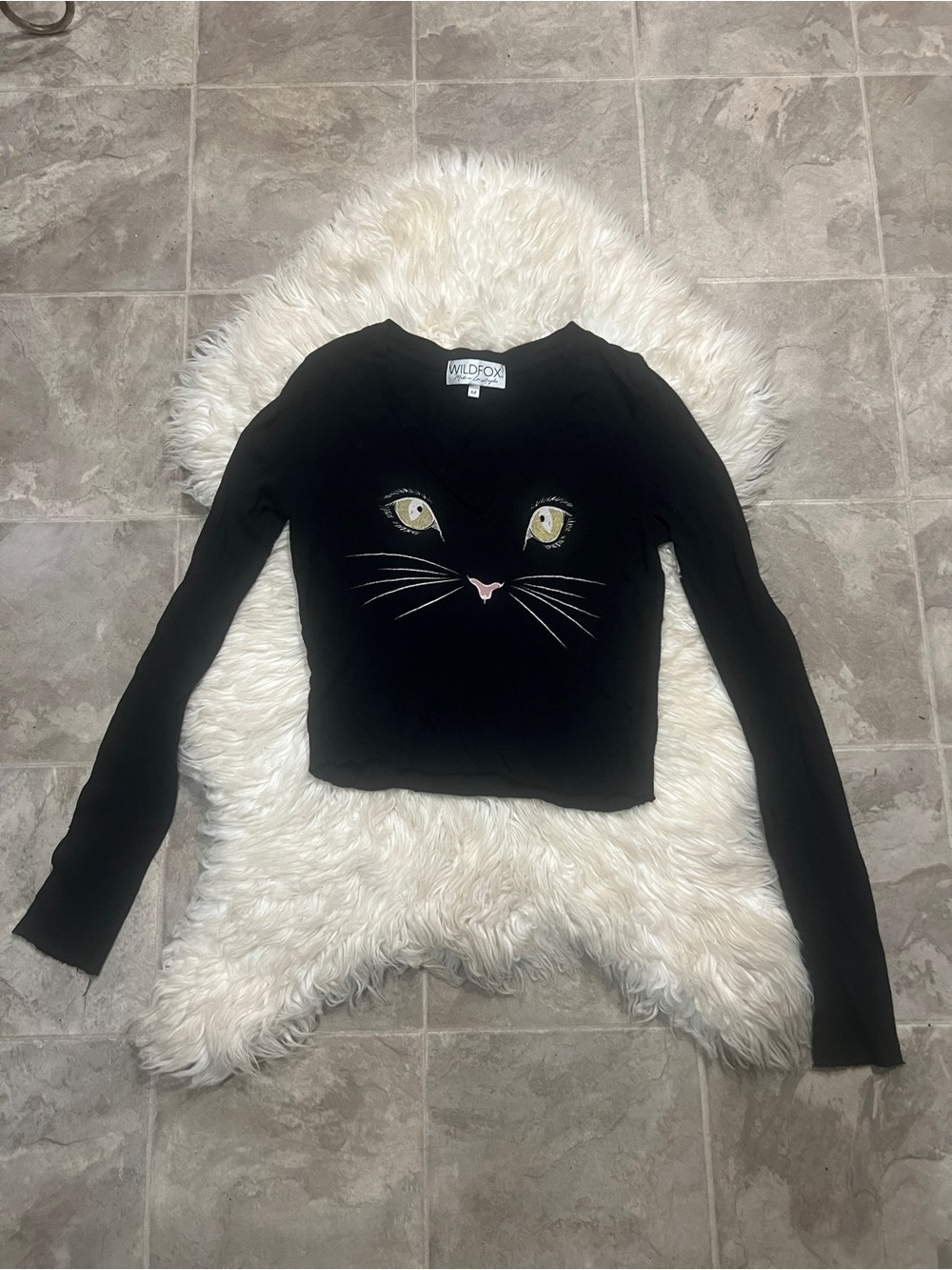 Wildfox Black Long Sleeve Cat Face Crop Top with Yellow Eyes